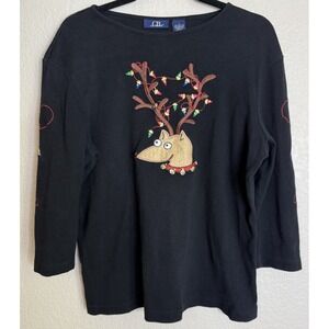 C.B. Casual Womens L Shirt Black Reindeer Christmas Lights Embroidered Holiday